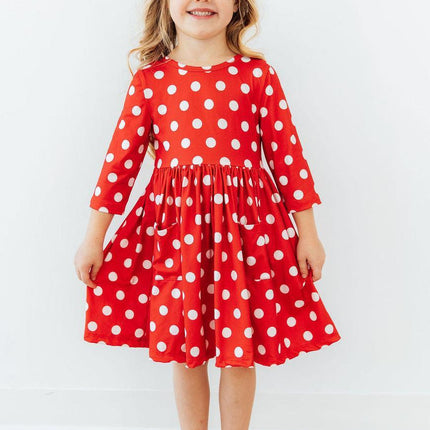 Red Polka Dots 3/4 Sleeve Pocket Twirl Dress