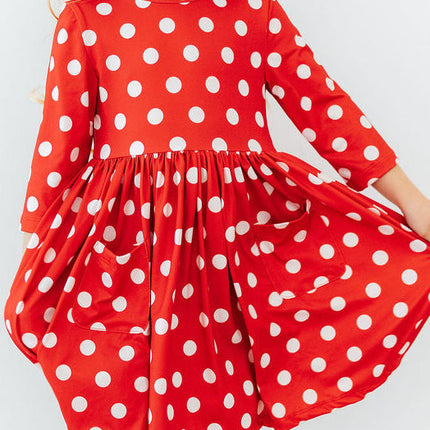 Red Polka Dots 3/4 Sleeve Pocket Twirl Dress