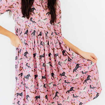 Petals & Ponies 3/4 Sleeve Pocket Twirl Dress