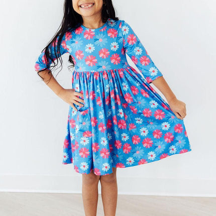 Cotton Candy Daisy 3/4 Sleeve Pocket Twirl Dress