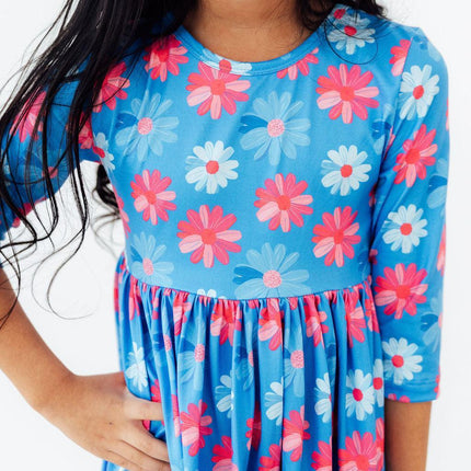 Cotton Candy Daisy 3/4 Sleeve Pocket Twirl Dress
