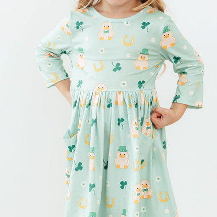 Lucky Duck 3/4 Sleeve Pocket Twirl Dress
