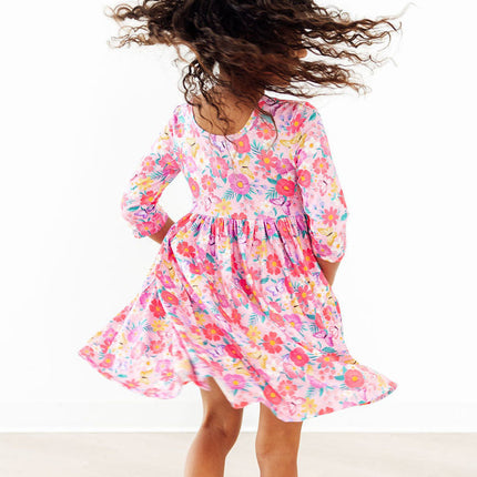 Fluttering Garden 3/4 Sleeve Pocket Twirl Dress