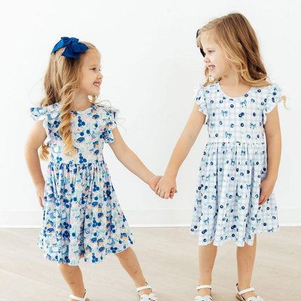 Blueberry Picnic Flutter Sleeve Twirl Dress