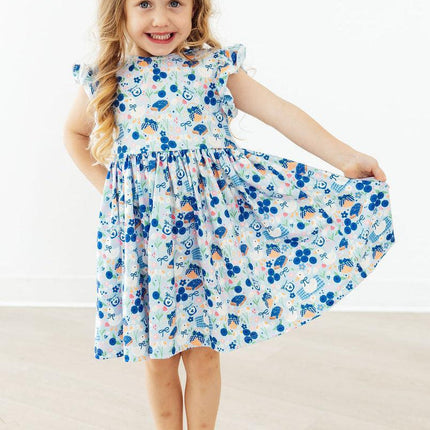 Blueberry Picnic Flutter Sleeve Twirl Dress