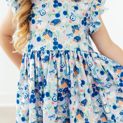 Blueberry Picnic Flutter Sleeve Twirl Dress