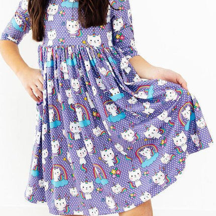 Kitties in the Clouds 3/4 Sleeve Pocket Twirl Dress