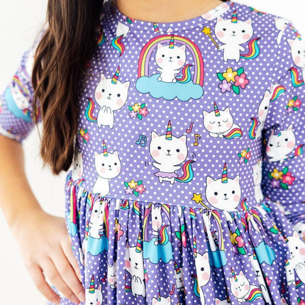 Kitties in the Clouds 3/4 Sleeve Pocket Twirl Dress