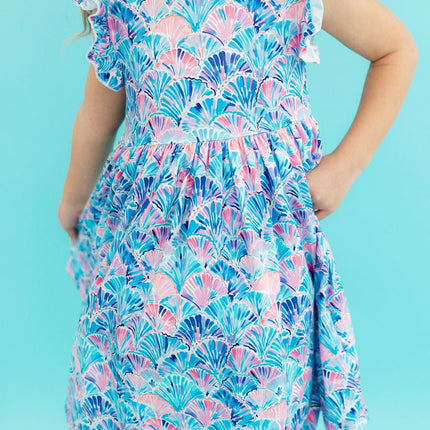 Seaside Shells Flutter Sleeve Twirl Dress
