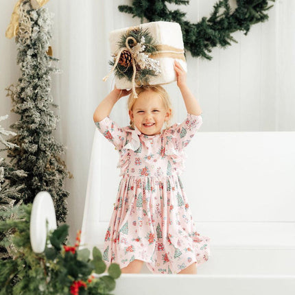 Pink Christmas 3/4 Sleeve Ruffle Twirl Dress