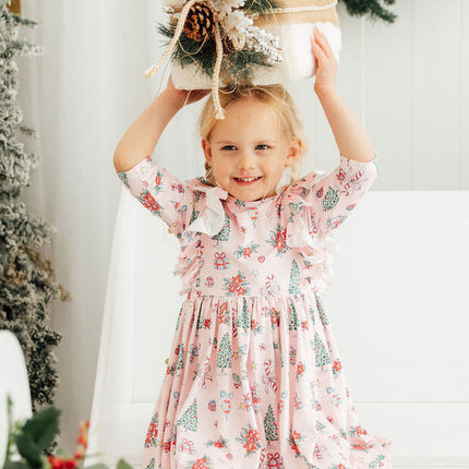 Pink Christmas 3/4 Sleeve Ruffle Twirl Dress