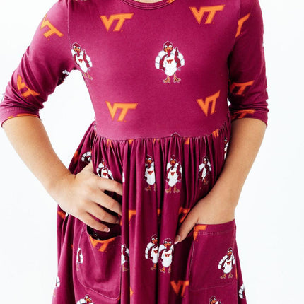 Virginia Tech Maroon Hokie 3/4 Sleeve Pocket Twirl Dress