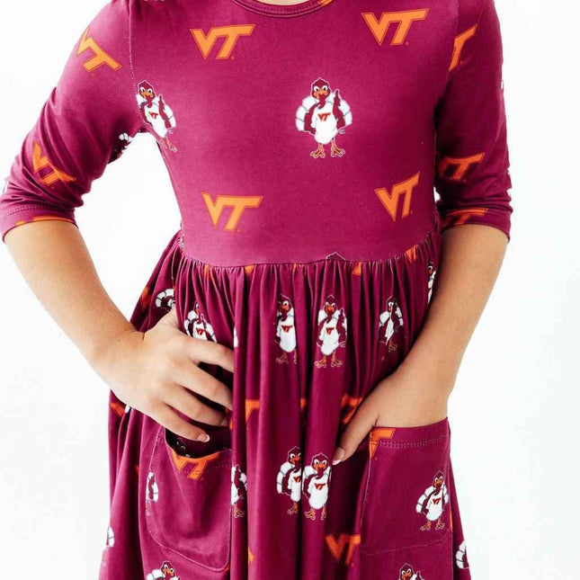 Virginia Tech Maroon Hokie 3/4 Sleeve Pocket Twirl Dress