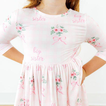 Big Sister Floral 3/4 Sleeve Pocket Twirl Dress
