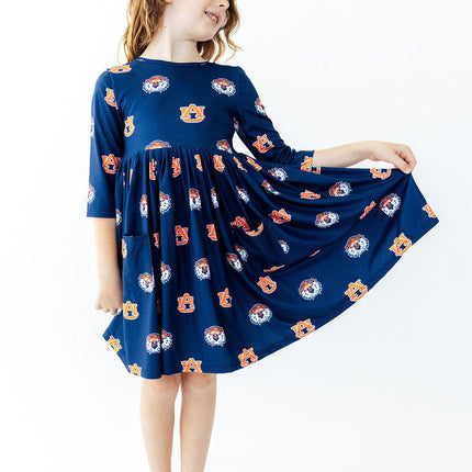 Auburn Blue Aubie 3/4 Sleeve Pocket Twirl Dress