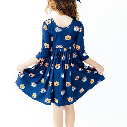 Auburn Blue Aubie 3/4 Sleeve Pocket Twirl Dress