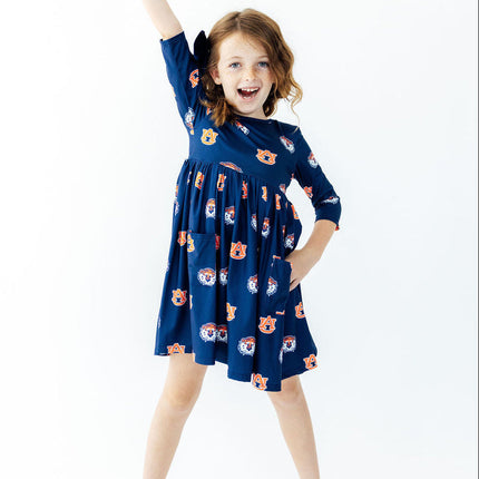 Auburn Blue Aubie 3/4 Sleeve Pocket Twirl Dress