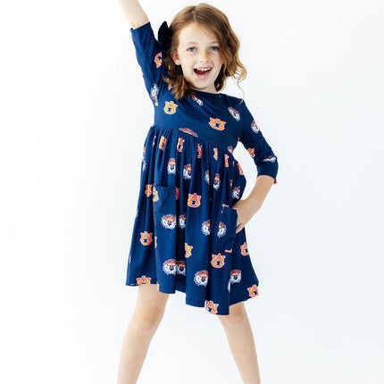 Auburn Blue Aubie 3/4 Sleeve Pocket Twirl Dress - Dashing Nova