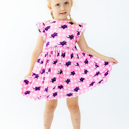 TCU Pink Gingham Frog Flutter Twirl Dress