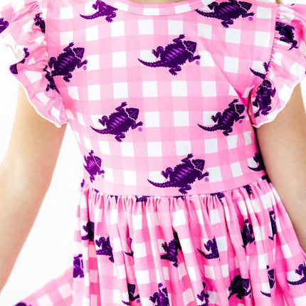 TCU Pink Gingham Frog Flutter Twirl Dress