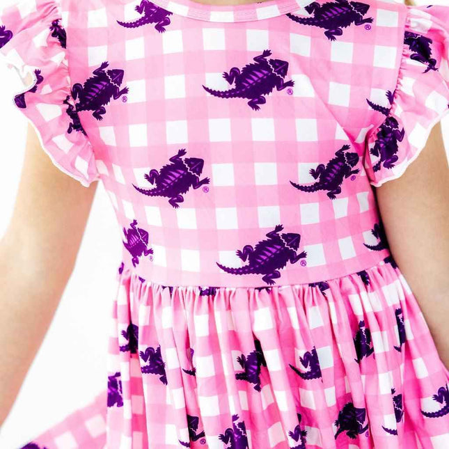 TCU Pink Gingham Frog Flutter Twirl Dress
