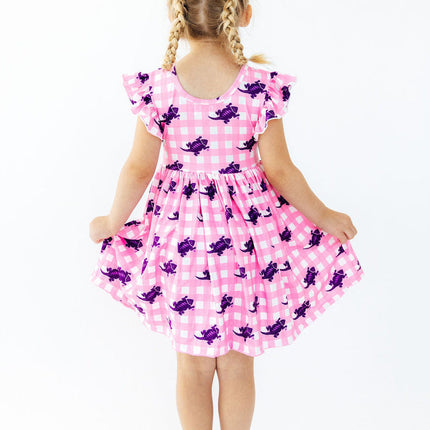 TCU Pink Gingham Frog Flutter Twirl Dress