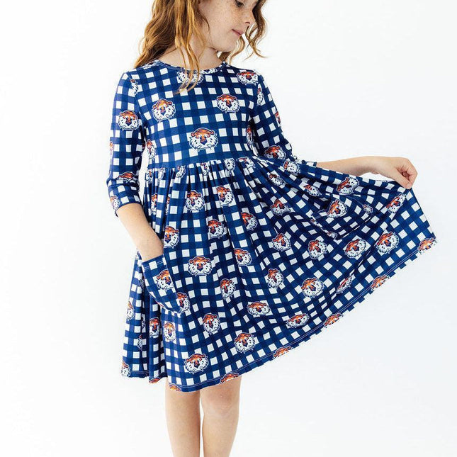 Auburn Plaid Aubie 3/4 Sleeve Pocket Twirl Dress - Dashing Nova