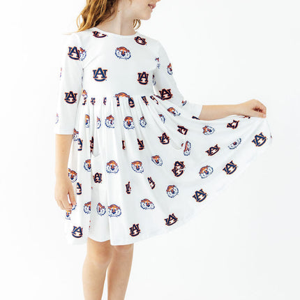 Auburn White Aubie 3/4 Sleeve Pocket Twirl Dress
