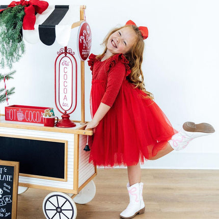 Red Shimmer 3/4 Sleeve Tutu Dress