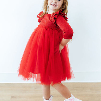 Red Shimmer 3/4 Sleeve Tutu Dress