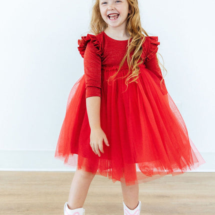 Red Shimmer 3/4 Sleeve Tutu Dress