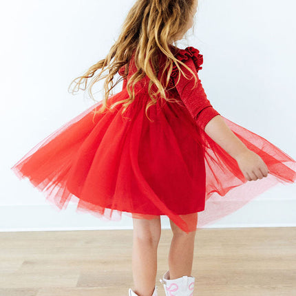 Red Shimmer 3/4 Sleeve Tutu Dress