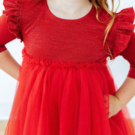 Red Shimmer 3/4 Sleeve Tutu Dress