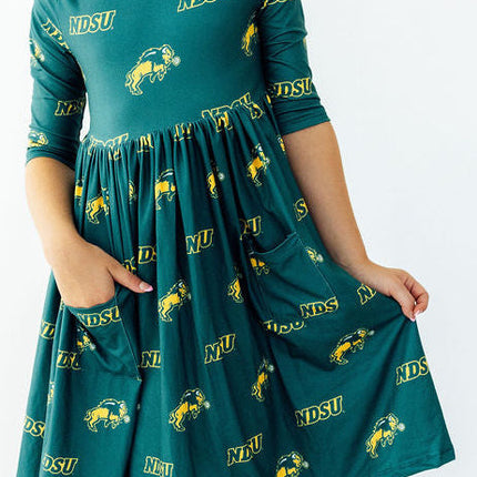 North Dakota State University Green Bison 3/4 Sleeve Pocket Twirl Dress