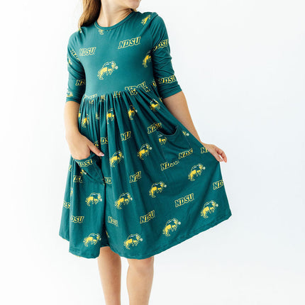 North Dakota State University Green Bison 3/4 Sleeve Pocket Twirl Dress