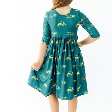 North Dakota State University Green Bison 3/4 Sleeve Pocket Twirl Dress