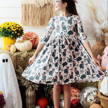 Hocus Purr-cus 3/4 Sleeve Pocket Twirl Dress - Dashing Nova