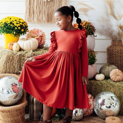 Pumpkin Spice L/S Ruffle Twirl Dress - Dashing Nova