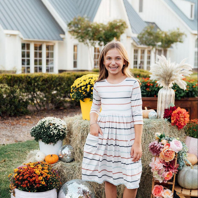 Fall Stripes 3/4 Sleeve Pocket Twirl Dress