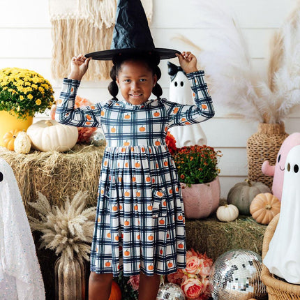 Plaid Pumpkins L/S Pocket Twirl Dress - Dashing Nova