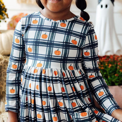 Plaid Pumpkins L/S Pocket Twirl Dress - Dashing Nova