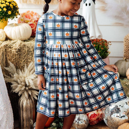 Plaid Pumpkins L/S Pocket Twirl Dress - Dashing Nova