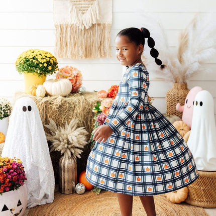 Plaid Pumpkins L/S Pocket Twirl Dress - Dashing Nova