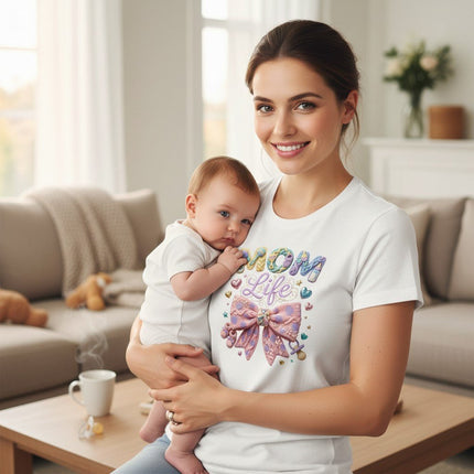 Mom Life Graphic T-Shirt 100% Cotton Pastel Bow Mothers Day Gift