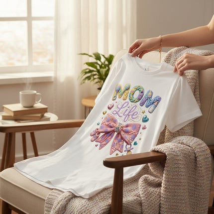 Mom Life Graphic T-Shirt 100% Cotton Pastel Bow Mothers Day Gift