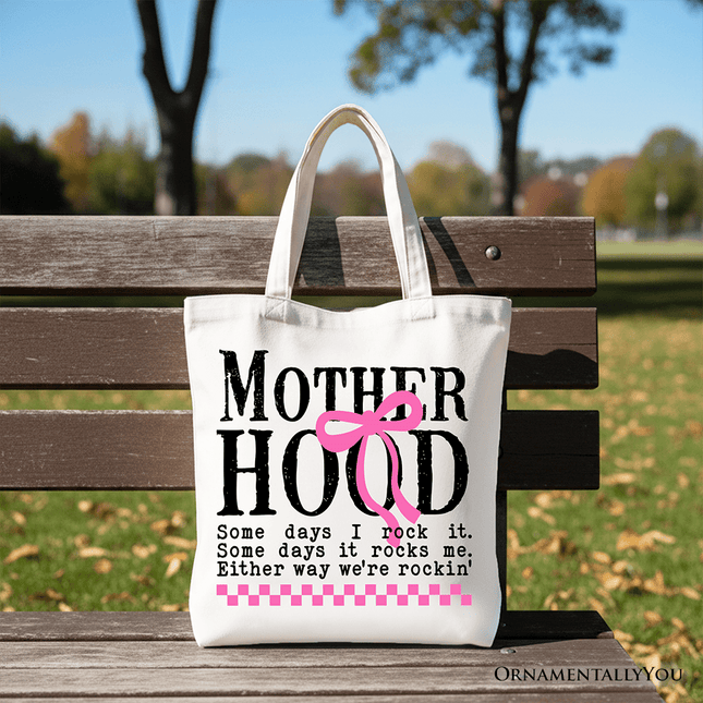 Motherhood Coquette Pink Bow Tote Bag, Retro Checkered Gift Shopper