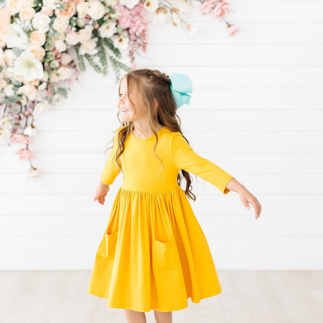 Mustard 3/4 Sleeve Pocket Twirl Dress - Dashing Nova