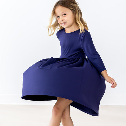 Navy 3/4 Sleeve Pocket Twirl Dress - Dashing Nova