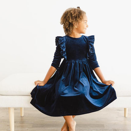 Navy Velvet Ruffle Twirl Dress - Dashing Nova