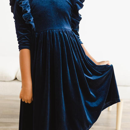 Navy Velvet Ruffle Twirl Dress - Dashing Nova